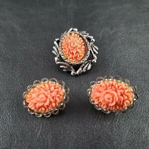 Antique Vintage Carved Coral Rose Flowers and Oval Silver Tone Pin Earrings Set